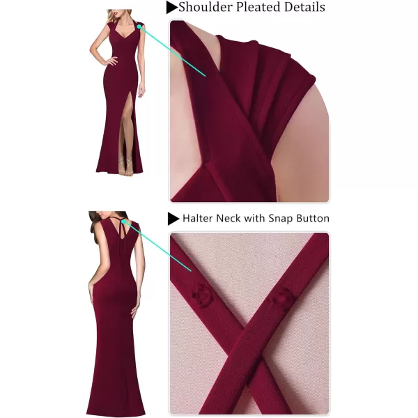 VFSHOW Womens V Halter Neck Zipper High Split Formal Evening Gown Wedding Prom Party Maxi DressSolid Dark Red