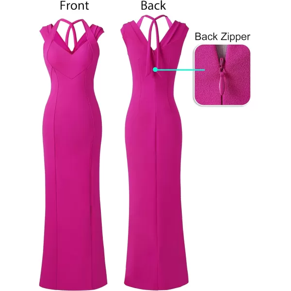 VFSHOW Womens V Halter Neck Zipper High Split Formal Evening Gown Wedding Prom Party Maxi DressSolid Hot Pink