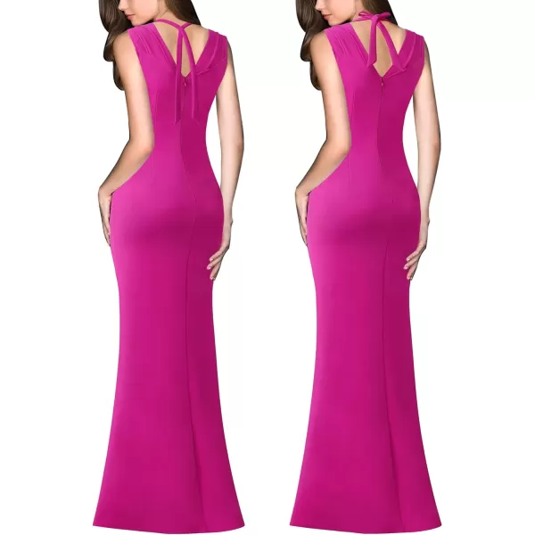 VFSHOW Womens V Halter Neck Zipper High Split Formal Evening Gown Wedding Prom Party Maxi DressSolid Hot Pink