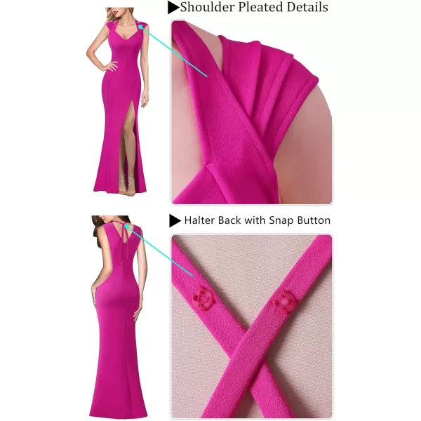 VFSHOW Womens V Halter Neck Zipper High Split Formal Evening Gown Wedding Prom Party Maxi DressSolid Hot Pink