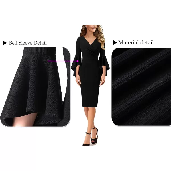 VFSHOW Womens V Neck Bell Sleeve Cocktail Party Bodycon Pencil Sheath DressBlackv Neck