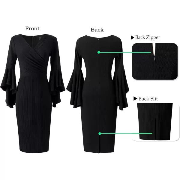 VFSHOW Womens V Neck Bell Sleeve Cocktail Party Bodycon Pencil Sheath DressBlackv Neck