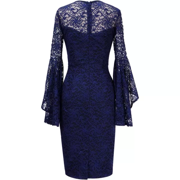 VFSHOW Womens V Neck Bell Sleeve Cocktail Party Bodycon Pencil Sheath DressBlue Lace 2