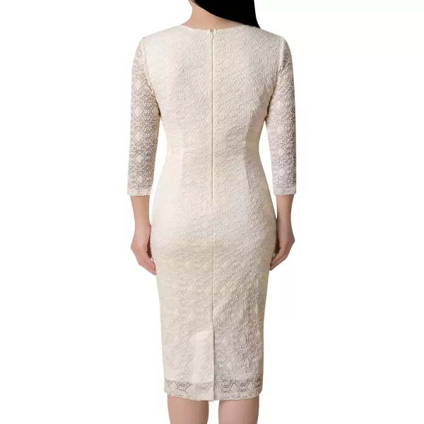 VFSHOW Womens V Neck Front Zipper Work Business Office Cocktail Bodycon Pencil DressBeige Floral Lace