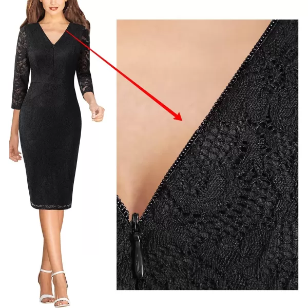 VFSHOW Womens V Neck Front Zipper Work Business Office Cocktail Bodycon Pencil DressBlack Floral Lace