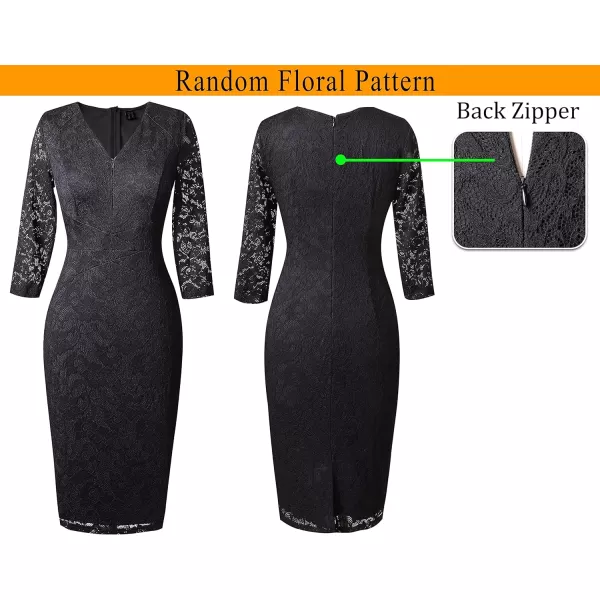 VFSHOW Womens V Neck Front Zipper Work Business Office Cocktail Bodycon Pencil DressBlack Floral Lace