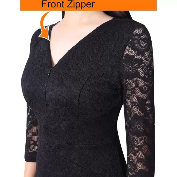 VFSHOW Womens V Neck Front Zipper Work Business Office Cocktail Bodycon Pencil DressBlack Floral Lace