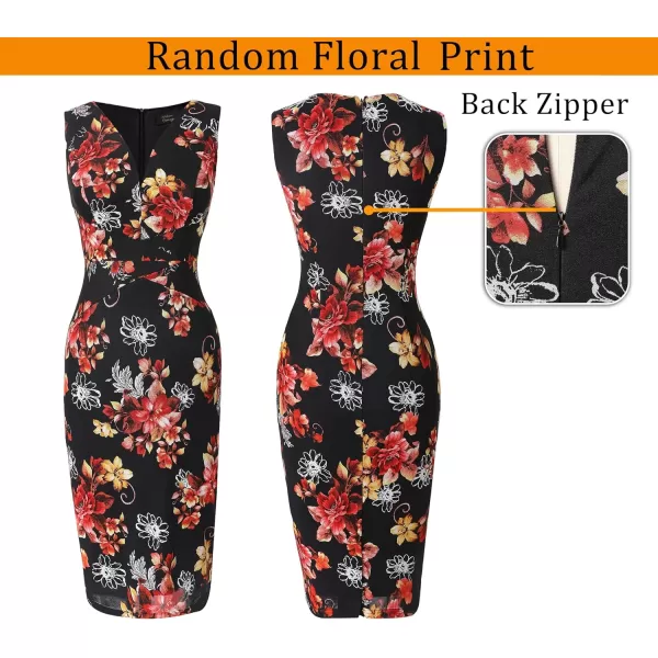 VFSHOW Womens V Neck Front Zipper Work Business Office Cocktail Bodycon Pencil DressBlack Floral Print Mesh