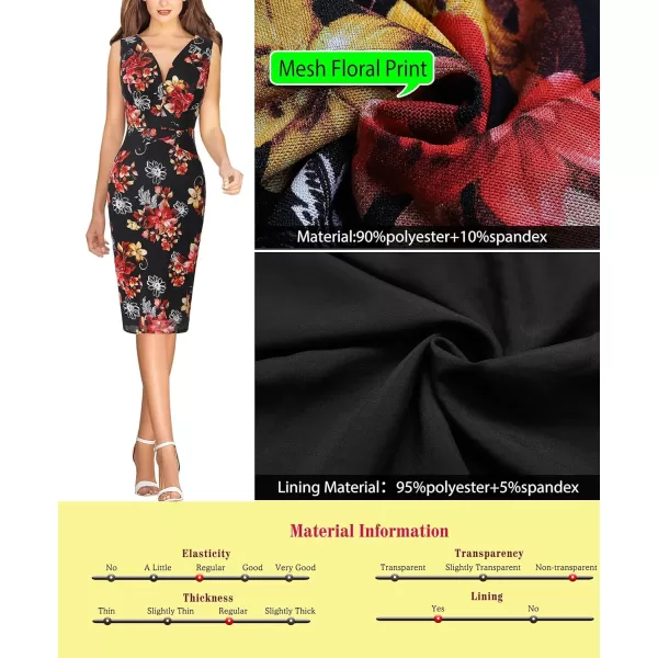 VFSHOW Womens V Neck Front Zipper Work Business Office Cocktail Bodycon Pencil DressBlack Floral Print Mesh