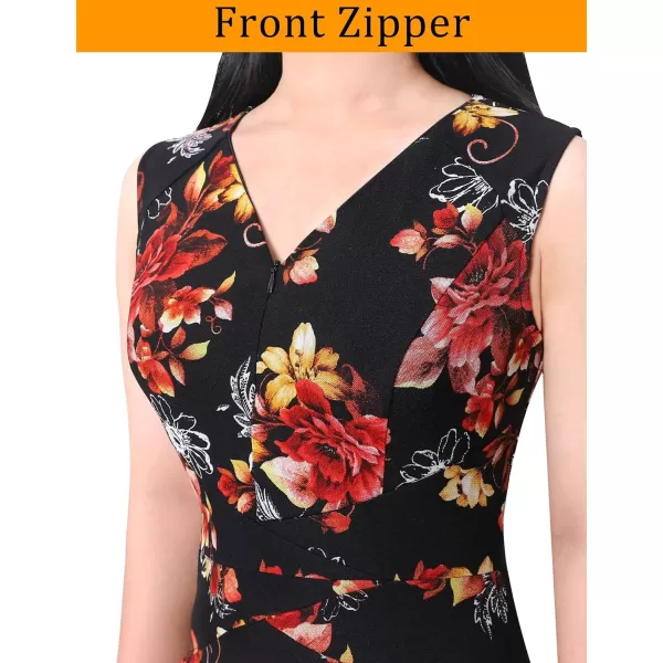 VFSHOW Womens V Neck Front Zipper Work Business Office Cocktail Bodycon Pencil DressBlack Floral Print Mesh