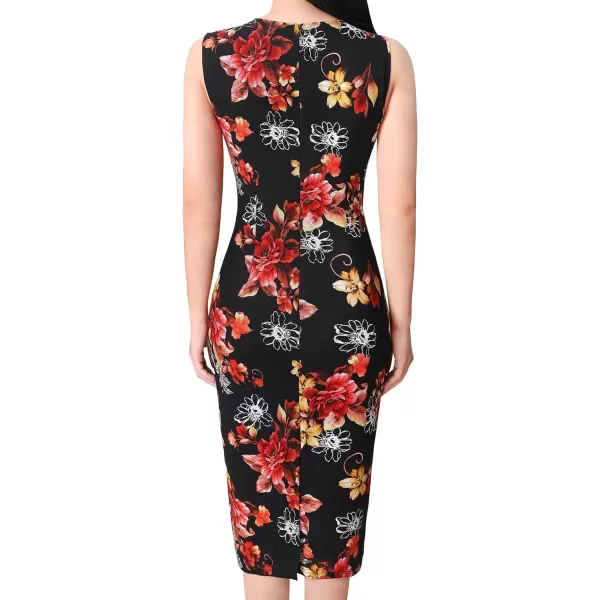 VFSHOW Womens V Neck Front Zipper Work Business Office Cocktail Bodycon Pencil DressBlack Floral Print Mesh