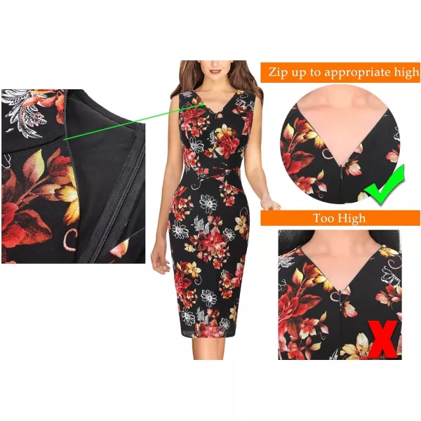 VFSHOW Womens V Neck Front Zipper Work Business Office Cocktail Bodycon Pencil DressBlack Floral Print Mesh