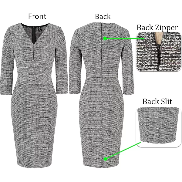 VFSHOW Womens V Neck Front Zipper Work Business Office Cocktail Bodycon Pencil DressBlack Tweed34 Sleeves