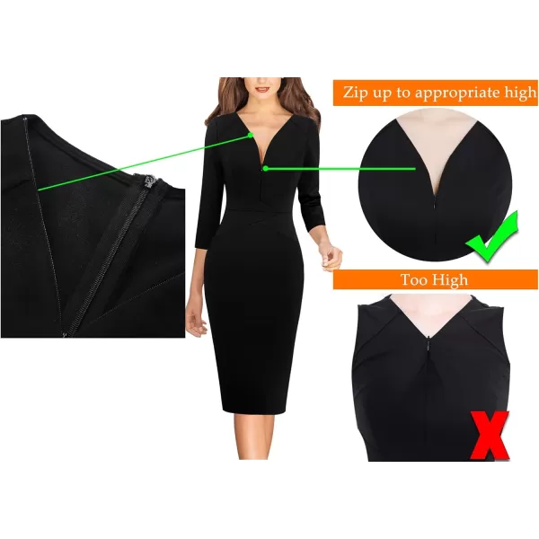 VFSHOW Womens V Neck Front Zipper Work Business Office Cocktail Bodycon Pencil DressBlack V Neck