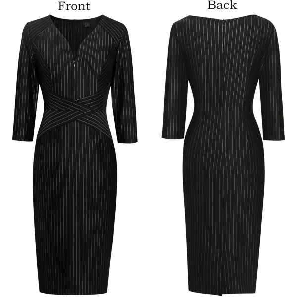 VFSHOW Womens V Neck Front Zipper Work Business Office Cocktail Bodycon Pencil DressBlack White Striped