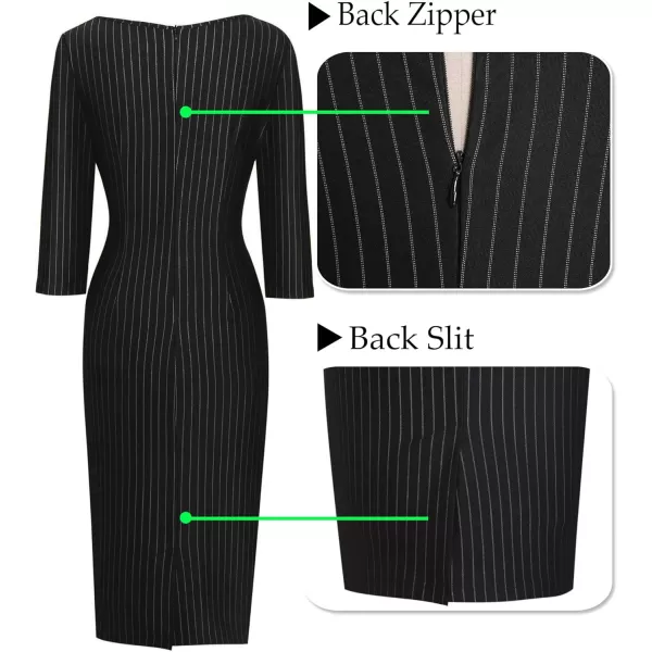 VFSHOW Womens V Neck Front Zipper Work Business Office Cocktail Bodycon Pencil DressBlack White Striped