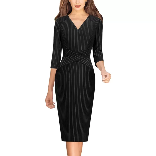 VFSHOW Womens V Neck Front Zipper Work Business Office Cocktail Bodycon Pencil DressBlack White Striped