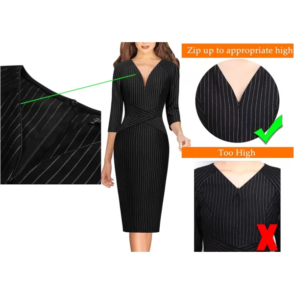 VFSHOW Womens V Neck Front Zipper Work Business Office Cocktail Bodycon Pencil DressBlack White Striped