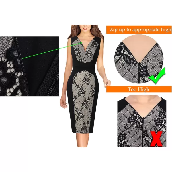 VFSHOW Womens V Neck Front Zipper Work Business Office Cocktail Bodycon Pencil DressBlack and Floral Lace