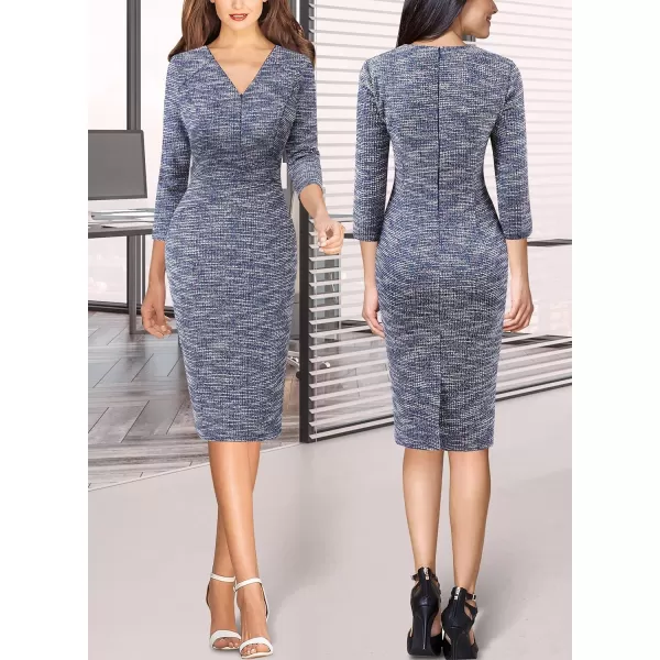 VFSHOW Womens V Neck Front Zipper Work Business Office Cocktail Bodycon Pencil DressBlue Tweed34 Sleeves