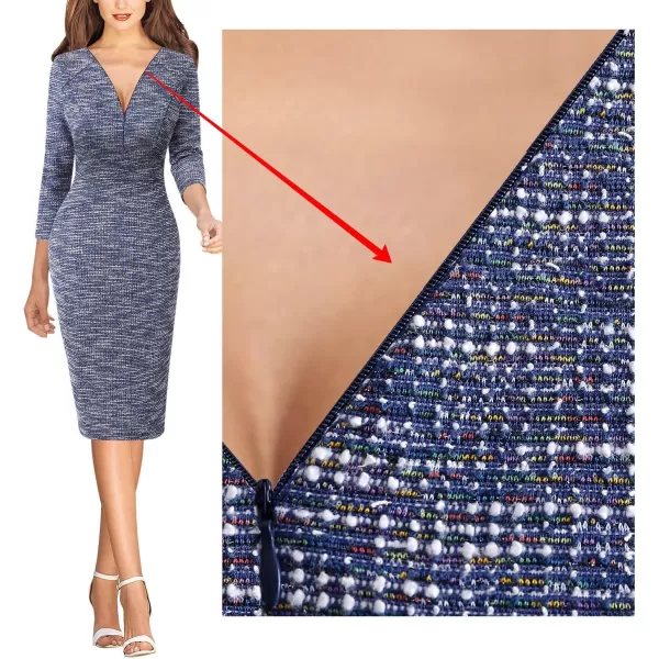 VFSHOW Womens V Neck Front Zipper Work Business Office Cocktail Bodycon Pencil DressBlue Tweed34 Sleeves