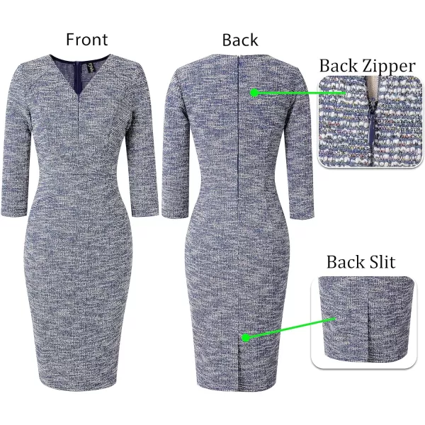 VFSHOW Womens V Neck Front Zipper Work Business Office Cocktail Bodycon Pencil DressBlue Tweed34 Sleeves