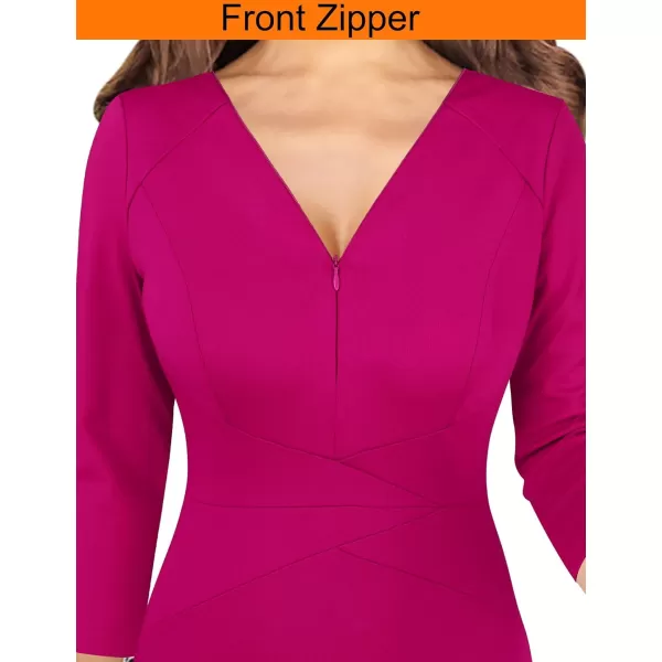 VFSHOW Womens V Neck Front Zipper Work Business Office Cocktail Bodycon Pencil DressHot Pink