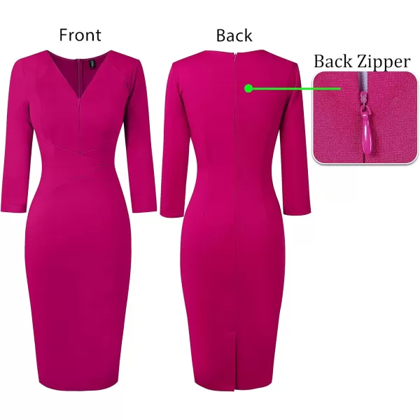 VFSHOW Womens V Neck Front Zipper Work Business Office Cocktail Bodycon Pencil DressHot Pink