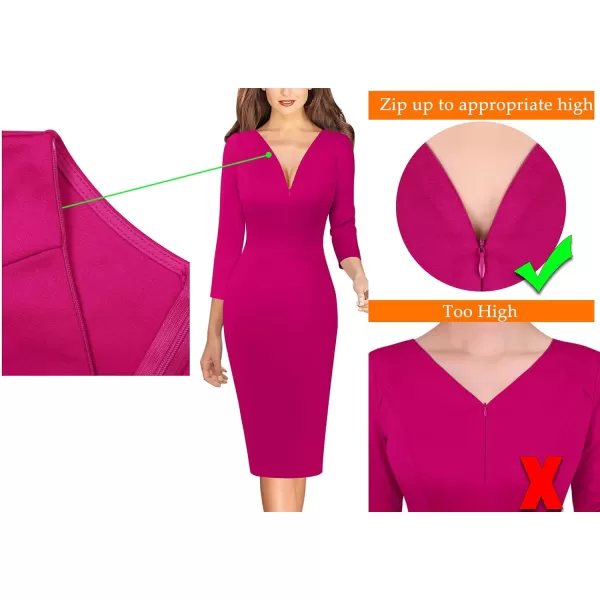 VFSHOW Womens V Neck Front Zipper Work Business Office Cocktail Bodycon Pencil DressHot Pink