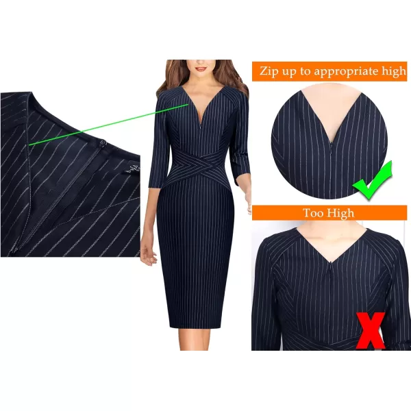 VFSHOW Womens V Neck Front Zipper Work Business Office Cocktail Bodycon Pencil DressNavy Blue White Striped