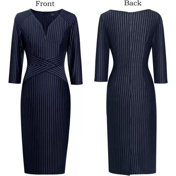 VFSHOW Womens V Neck Front Zipper Work Business Office Cocktail Bodycon Pencil DressNavy Blue White Striped