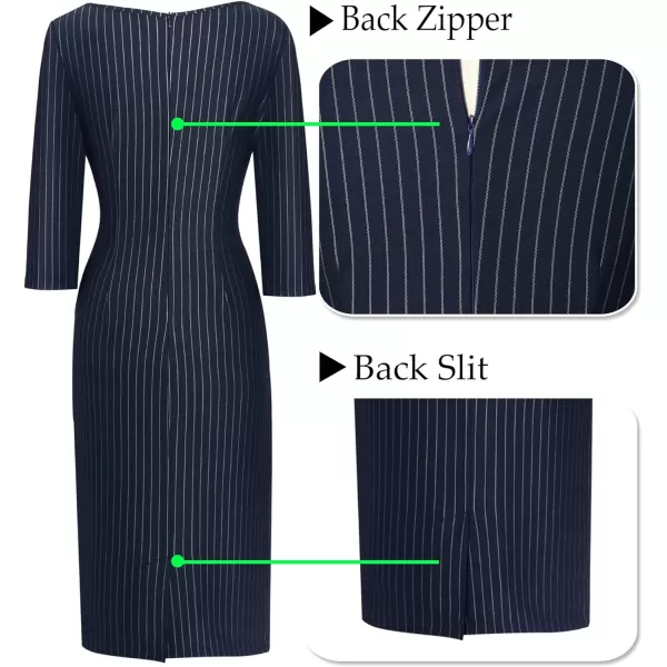 VFSHOW Womens V Neck Front Zipper Work Business Office Cocktail Bodycon Pencil DressNavy Blue White Striped