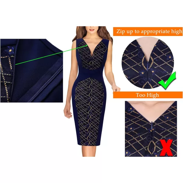 VFSHOW Womens V Neck Front Zipper Work Business Office Cocktail Bodycon Pencil DressNavy Blue and Blue Lace