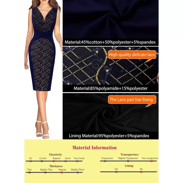 VFSHOW Womens V Neck Front Zipper Work Business Office Cocktail Bodycon Pencil DressNavy Blue and Blue Lace