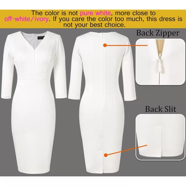 VFSHOW Womens V Neck Front Zipper Work Business Office Cocktail Bodycon Pencil DressOffwhite34 Sleeves