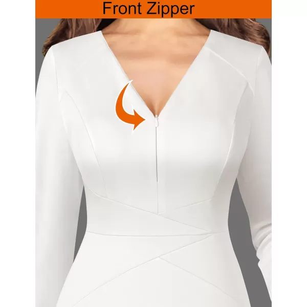 VFSHOW Womens V Neck Front Zipper Work Business Office Cocktail Bodycon Pencil DressOffwhite34 Sleeves