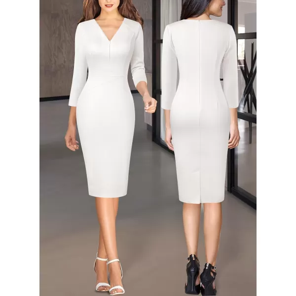 VFSHOW Womens V Neck Front Zipper Work Business Office Cocktail Bodycon Pencil DressOffwhite34 Sleeves