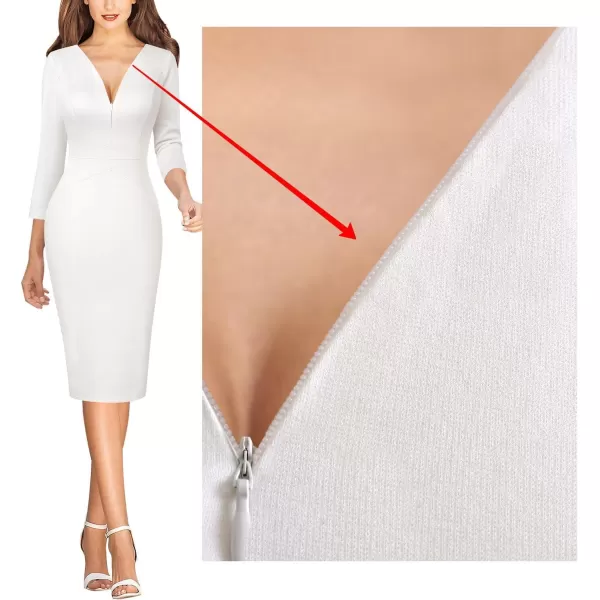 VFSHOW Womens V Neck Front Zipper Work Business Office Cocktail Bodycon Pencil DressOffwhite34 Sleeves