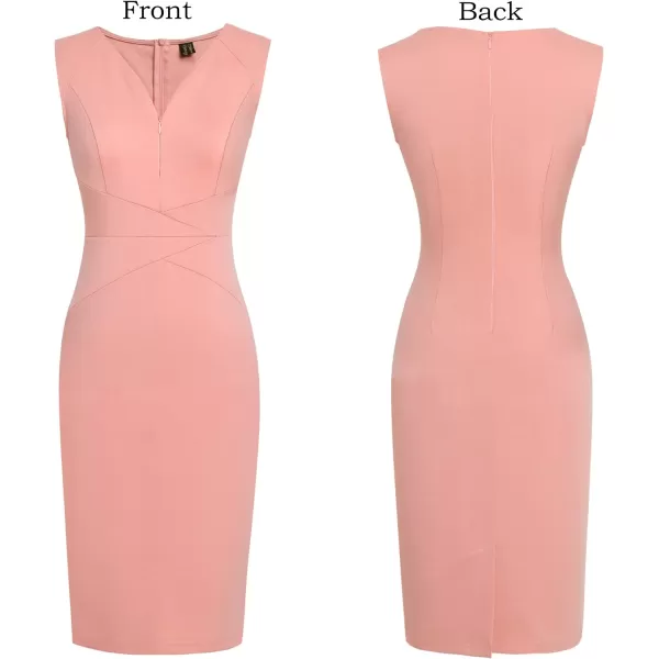 VFSHOW Womens V Neck Front Zipper Work Business Office Cocktail Bodycon Pencil DressPeach Pink V Neck