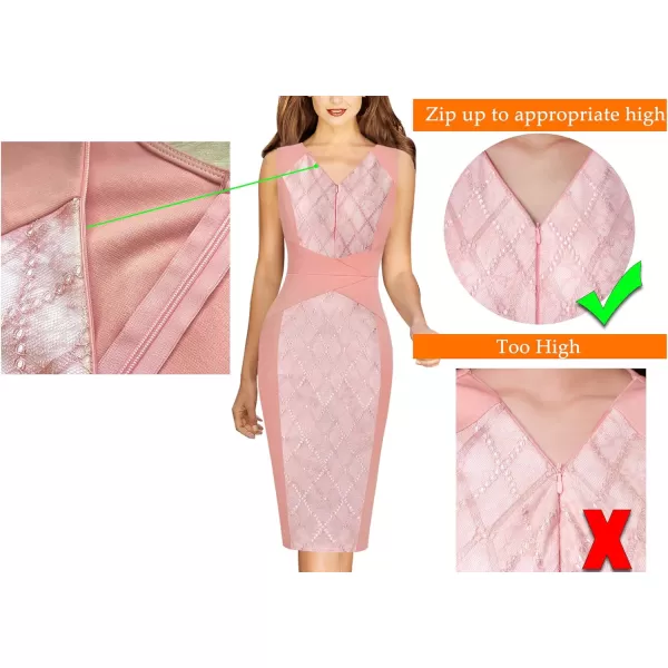 VFSHOW Womens V Neck Front Zipper Work Business Office Cocktail Bodycon Pencil DressPeach and Peach Lace