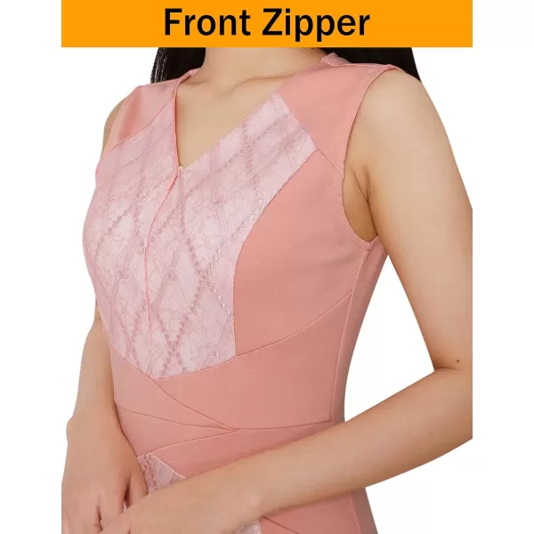 VFSHOW Womens V Neck Front Zipper Work Business Office Cocktail Bodycon Pencil DressPeach and Peach Lace