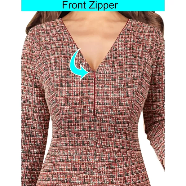 VFSHOW Womens V Neck Front Zipper Work Business Office Cocktail Bodycon Pencil DressRed Tweed34 Sleeves