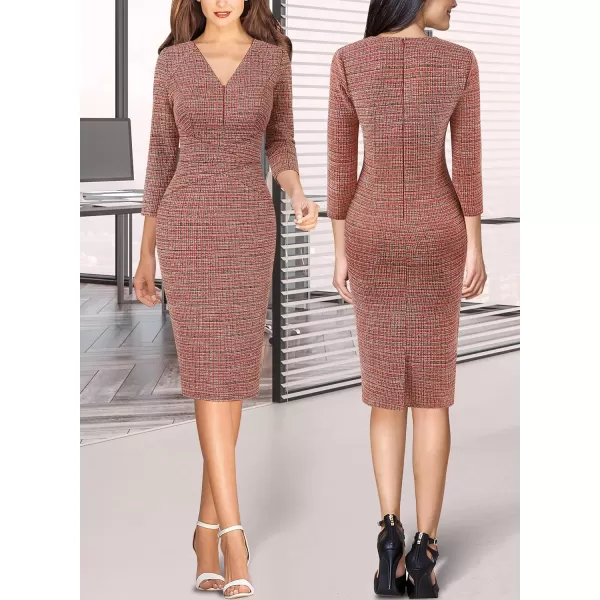 VFSHOW Womens V Neck Front Zipper Work Business Office Cocktail Bodycon Pencil DressRed Tweed34 Sleeves