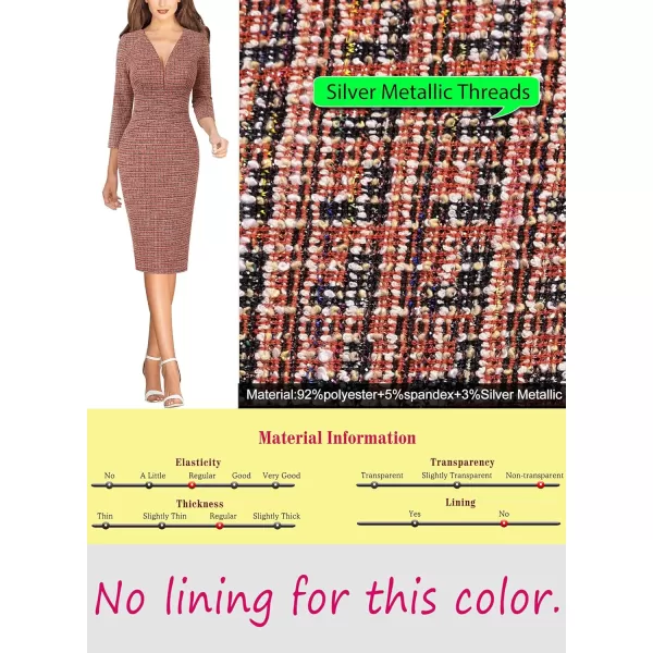 VFSHOW Womens V Neck Front Zipper Work Business Office Cocktail Bodycon Pencil DressRed Tweed34 Sleeves