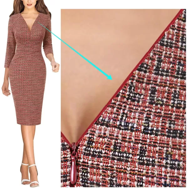 VFSHOW Womens V Neck Front Zipper Work Business Office Cocktail Bodycon Pencil DressRed Tweed34 Sleeves