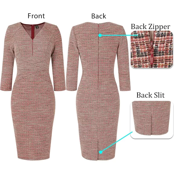 VFSHOW Womens V Neck Front Zipper Work Business Office Cocktail Bodycon Pencil DressRed Tweed34 Sleeves