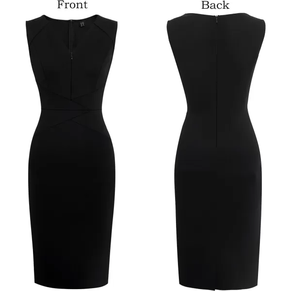 VFSHOW Womens V Neck Front Zipper Work Business Office Cocktail Bodycon Pencil DressSolid Black V Neck