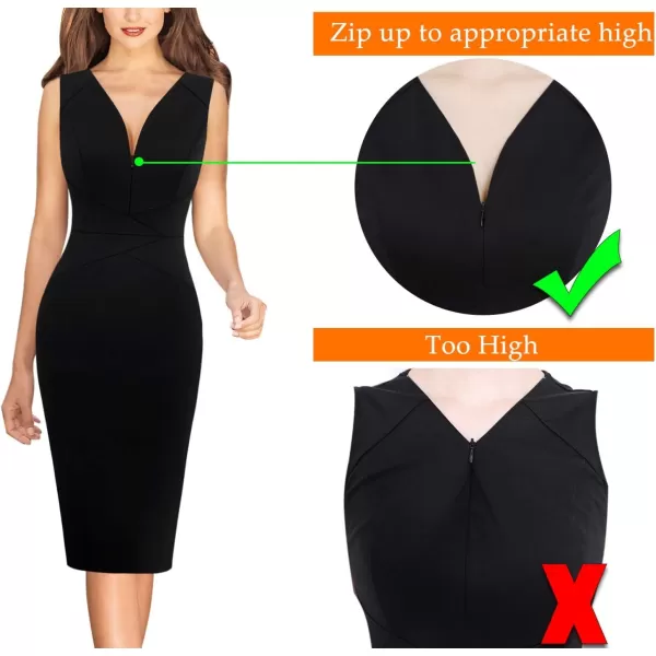 VFSHOW Womens V Neck Front Zipper Work Business Office Cocktail Bodycon Pencil DressSolid Black V Neck