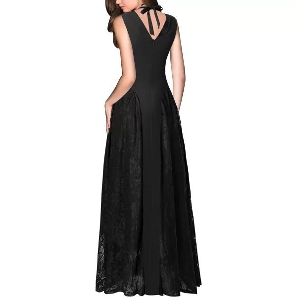 VFSHOW Womens V Neck Halter Celebrity Pleated Shoulder Patchwork ALine Formal Evening Gown Wedding Prom Maxi DressBlack  Lace