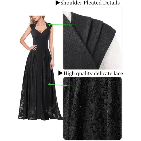 VFSHOW Womens V Neck Halter Celebrity Pleated Shoulder Patchwork ALine Formal Evening Gown Wedding Prom Maxi DressBlack  Lace